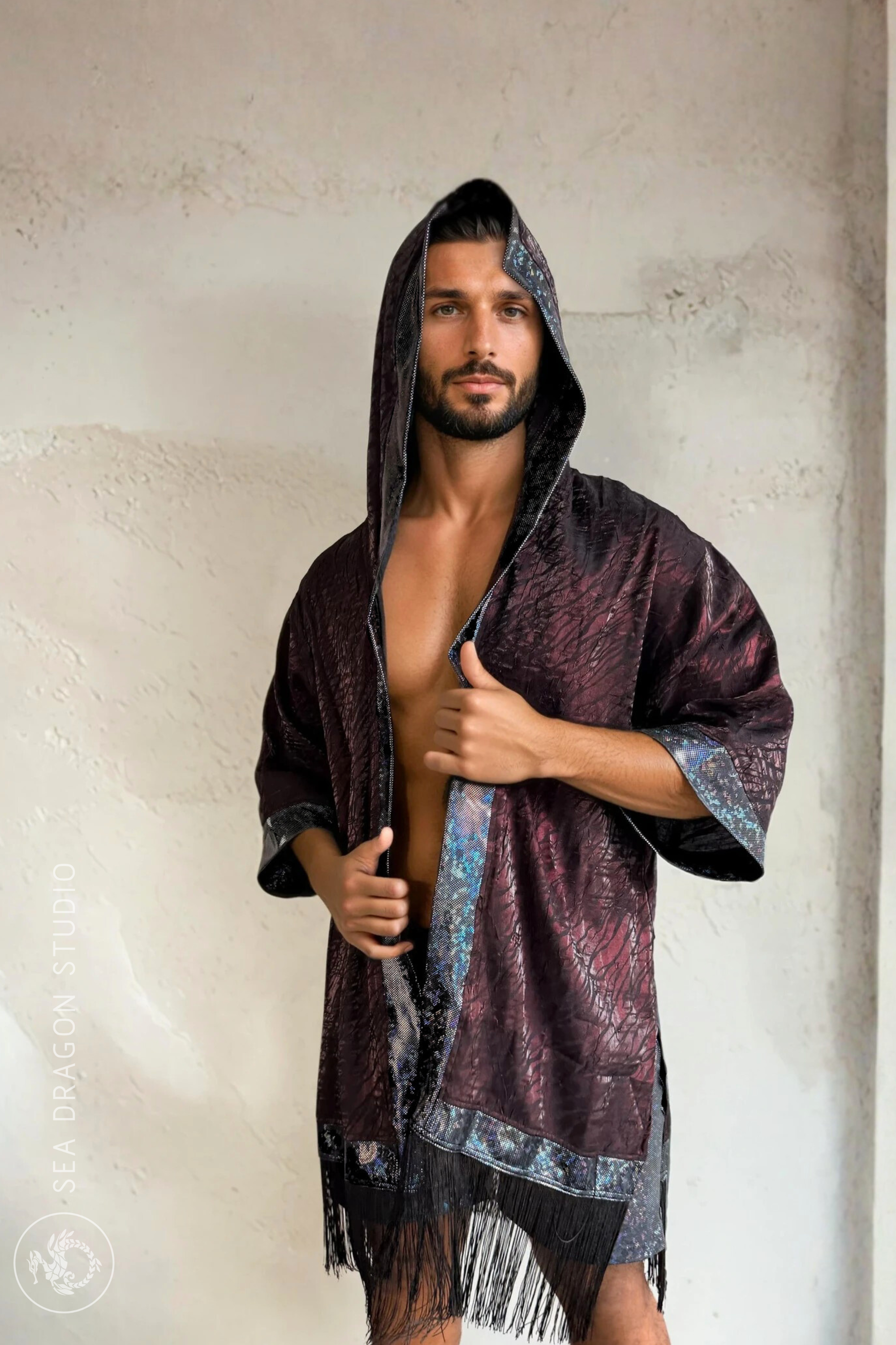 Sea Dragon Studio Shadow Cat Hooded Kimono – front view, burgundy animal-print festival robe with holographic trim