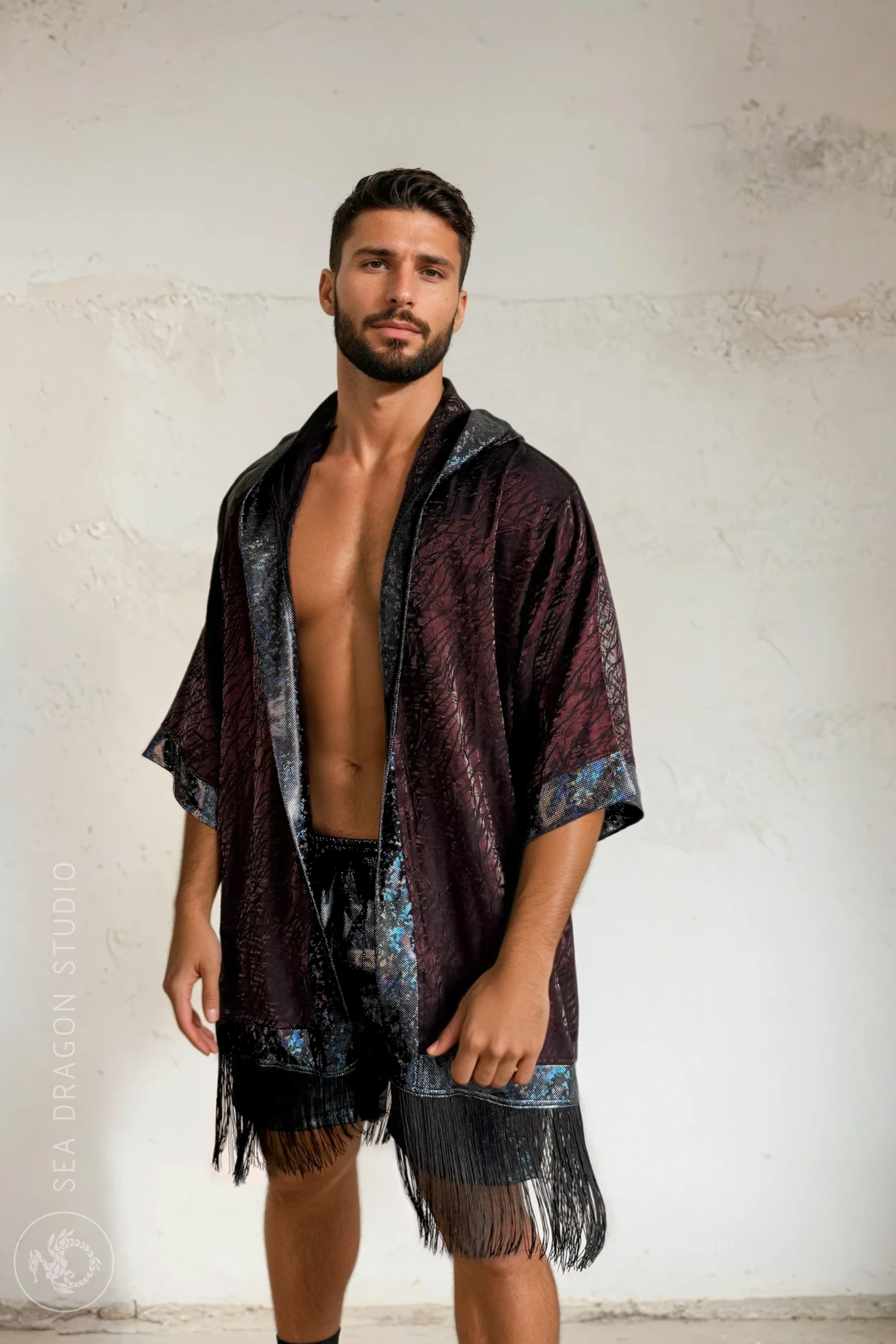 Sea Dragon Studio Shadow Cat Hooded Kimono – open front view showing holographic trim detail