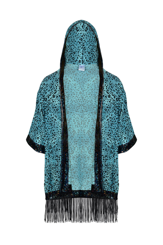 Big Cat Energy Hooded Kimono with Holo & Fringe Mens Tops SEA DRAGON STUDIO Blueberry Leopard 