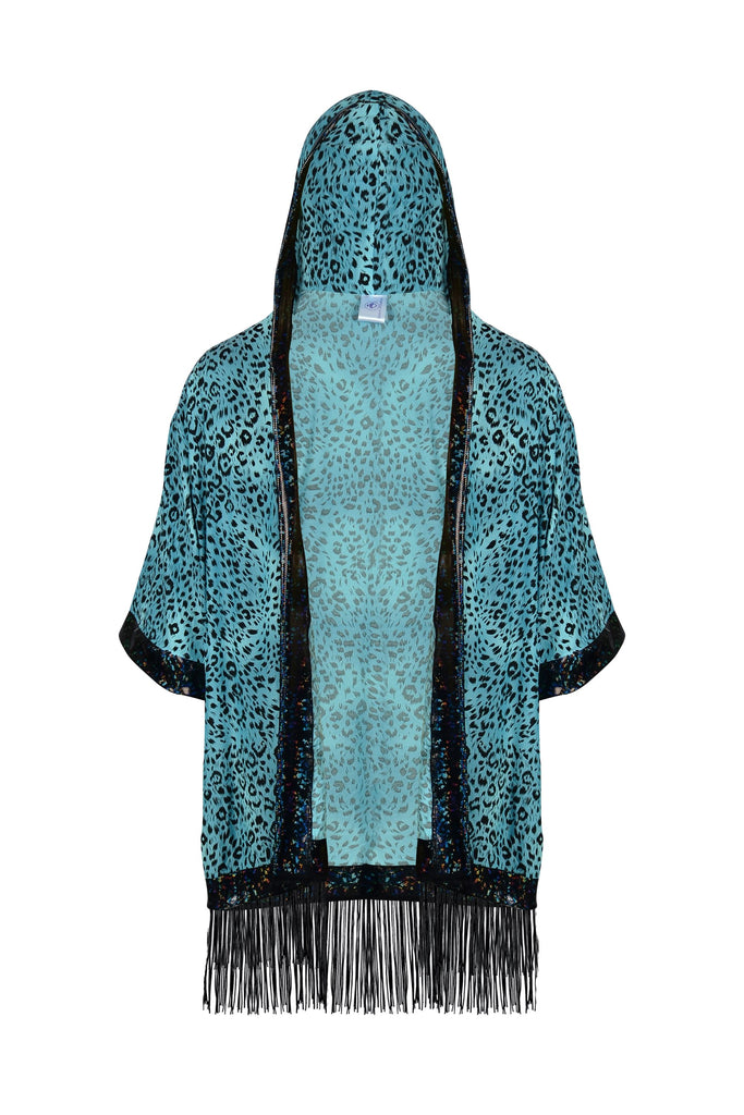 Big Cat Energy Hooded Kimono with Holo & Fringe Mens Tops SEA DRAGON STUDIO Blueberry Leopard 