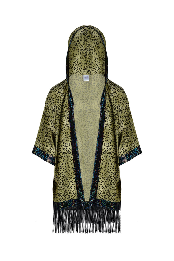Big Cat Energy Hooded Kimono with Holo & Fringe Mens Tops SEA DRAGON STUDIO Tamarind Leopard 