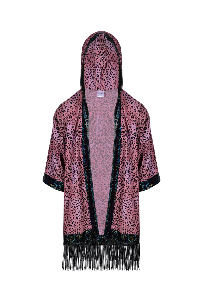 Big Cat Energy Hooded Kimono with Holo & Fringe Mens Tops SEA DRAGON STUDIO Strawberry Leopard 