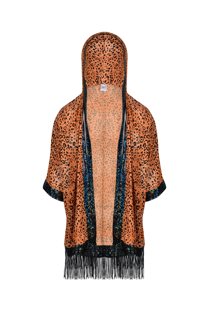 Big Cat Energy Hooded Kimono with Holo & Fringe Mens Tops SEA DRAGON STUDIO Tangerine Leopard 