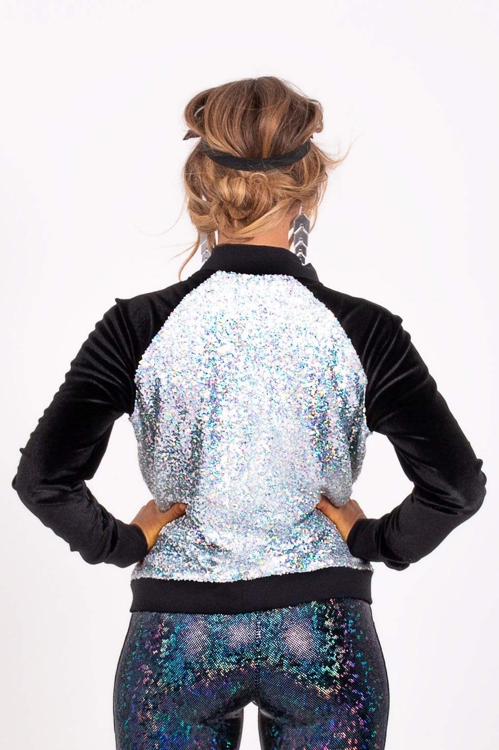 Holo Silver Sequin Bomber Jacket Womens Tops SEA DRAGON STUDIO 