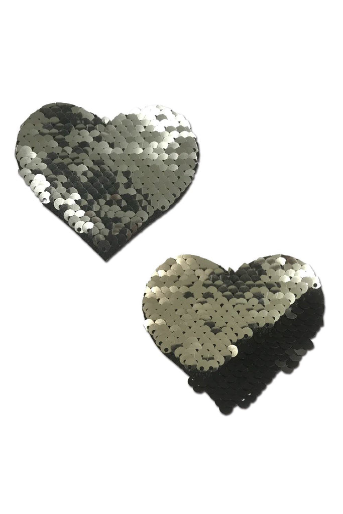 Silver & Black Color Changing Sequin Heart Nipple Pasties Pasties PASTEASE 