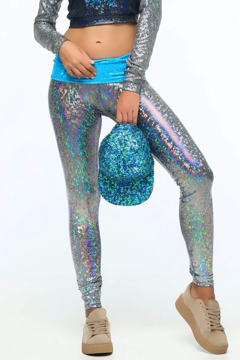 Holographic Cyber Blue Sci-Fi Panel Leggings