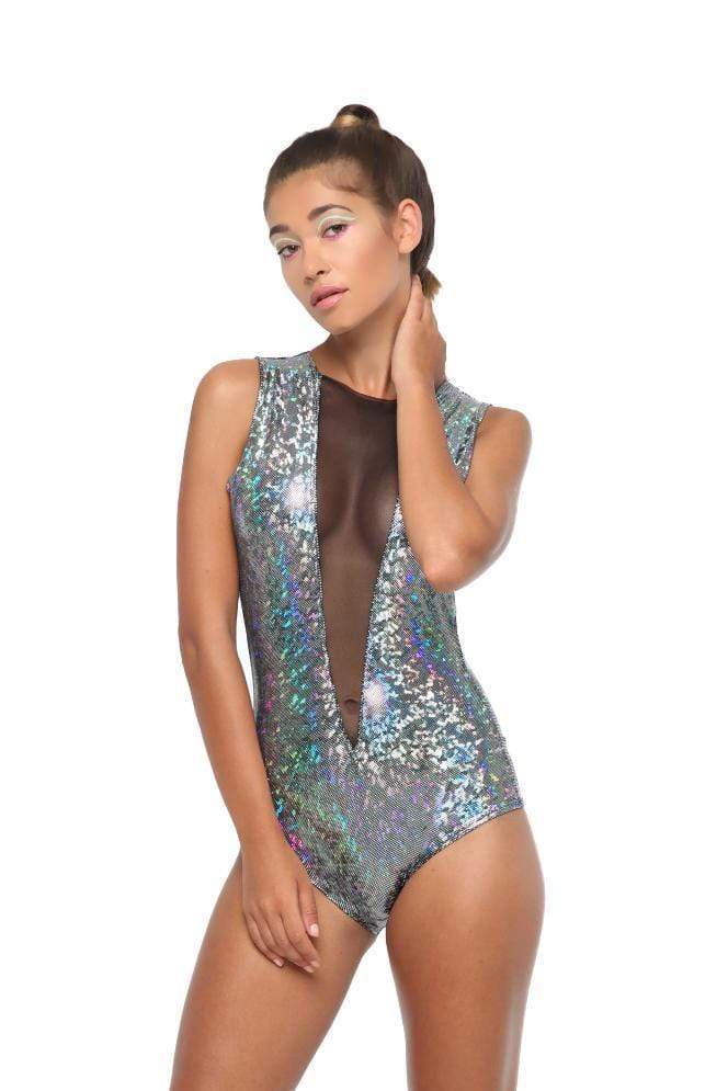 Holographic Mesh-Front Bodysuit - Women's Bodysuits From Sea Dragon Studio Festival & Rave Wear Collection