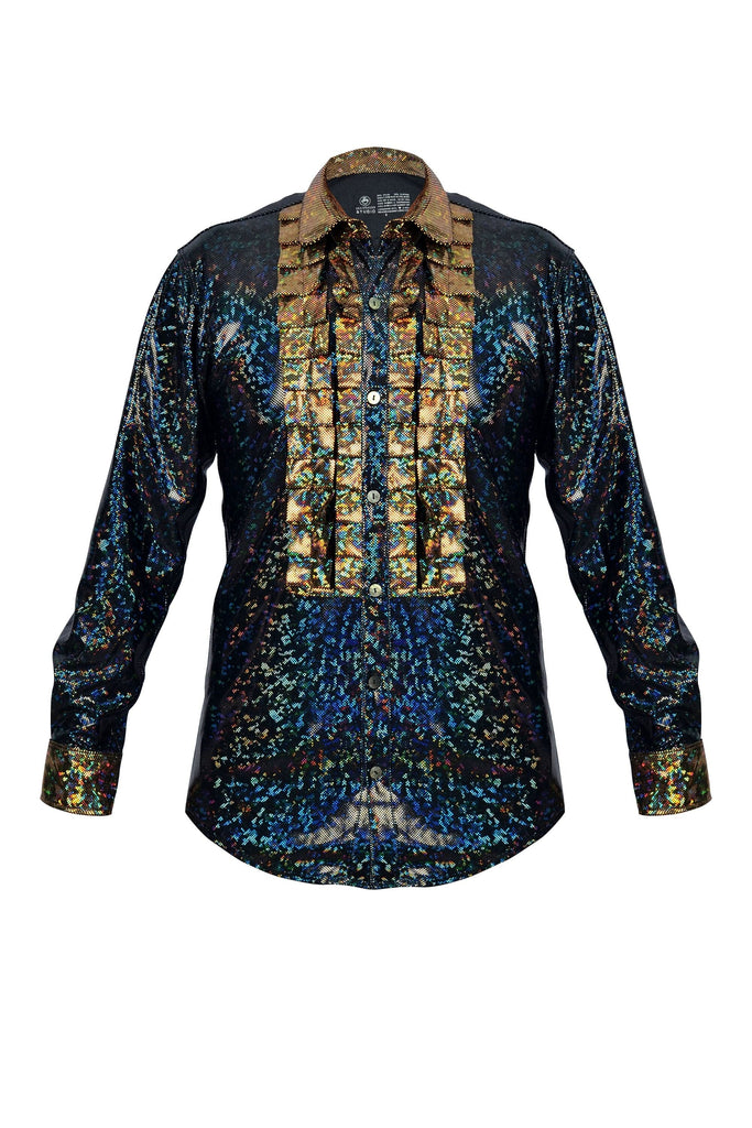 Holographic Long Sleeve Disco Tuxedo Shirt Mens Tops SEA DRAGON STUDIO Midnight Inferno (Black) XSMALL 