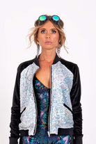 Holo Silver Sequin Bomber Jacket Womens Tops SEA DRAGON STUDIO XSmall 