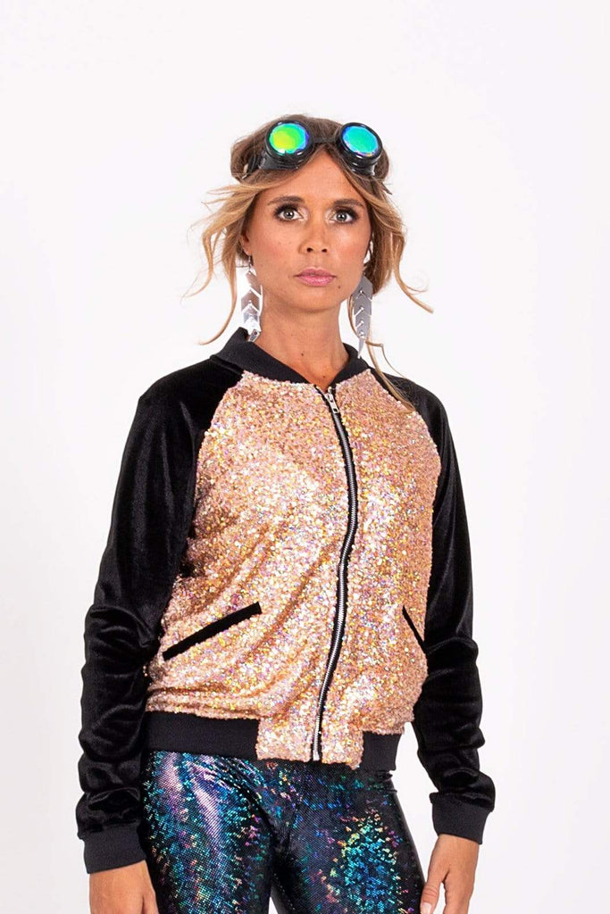 Holo Rose Gold Sequin Bomber Jacket Womens Tops SEA DRAGON STUDIO 