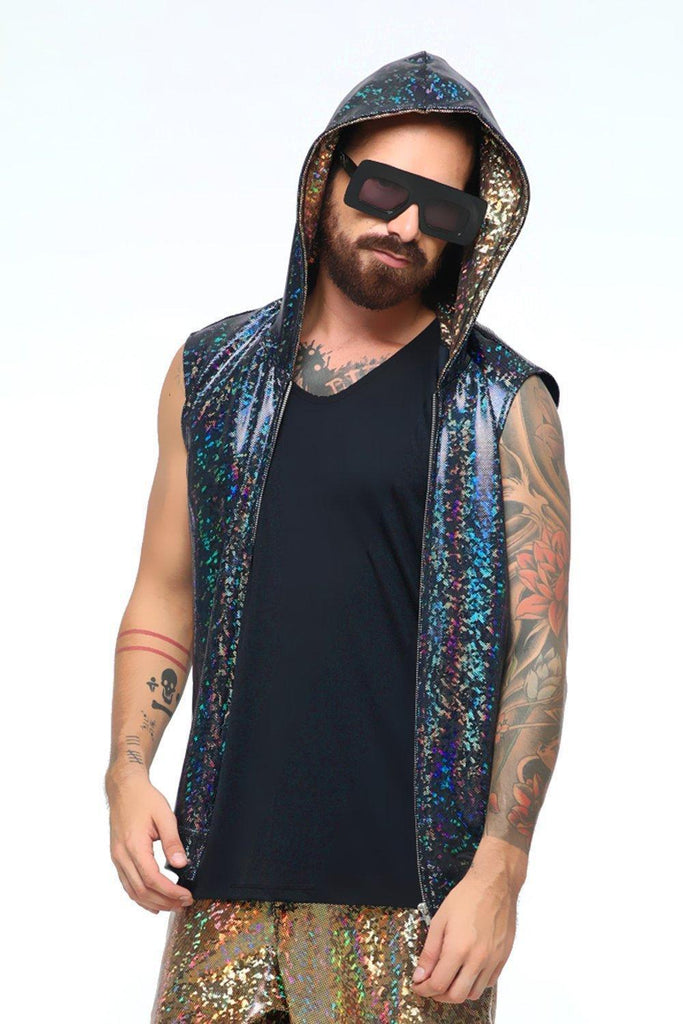 Mens Holographic Sleeveless Hoodie - Men's Top From Sea Dragon Studio Festival & Rave Clothing Collection