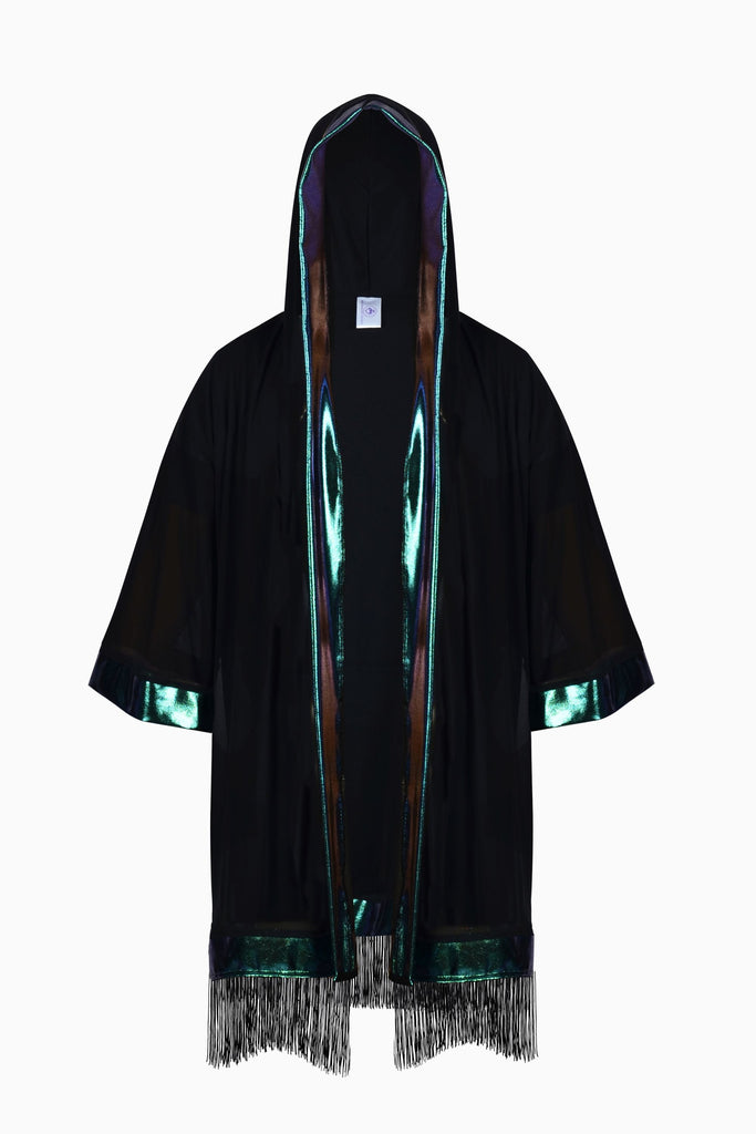 Hooded Mesh & Holo Kimono with Fringe Mens Tops SEA DRAGON STUDIO 