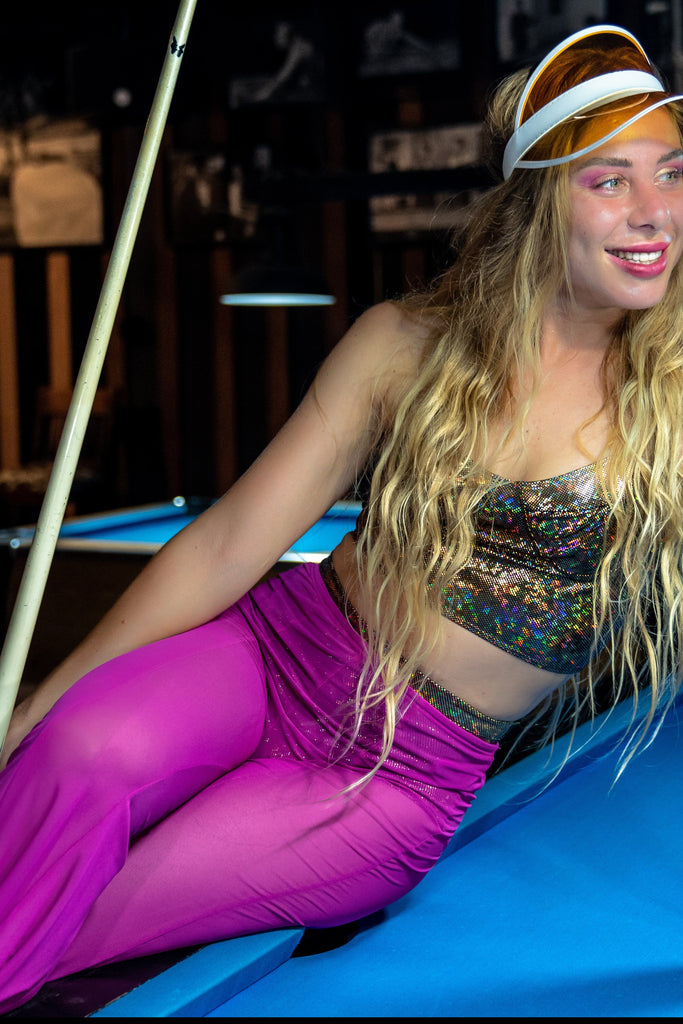 Mesh Stardust Flares | 3 Colors Womens Bottoms SEA DRAGON STUDIO Fuchsia Mesh XSmall 