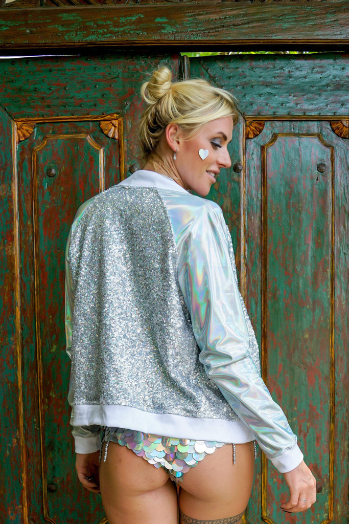 Disco Dreams Holographic Sequin Bomber Jacket Womens Tops SEA DRAGON STUDIO 