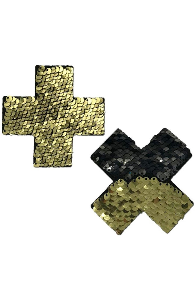 Gold & Black Flip Sequin Cross Nipple Pasties Pasties PASTEASE 