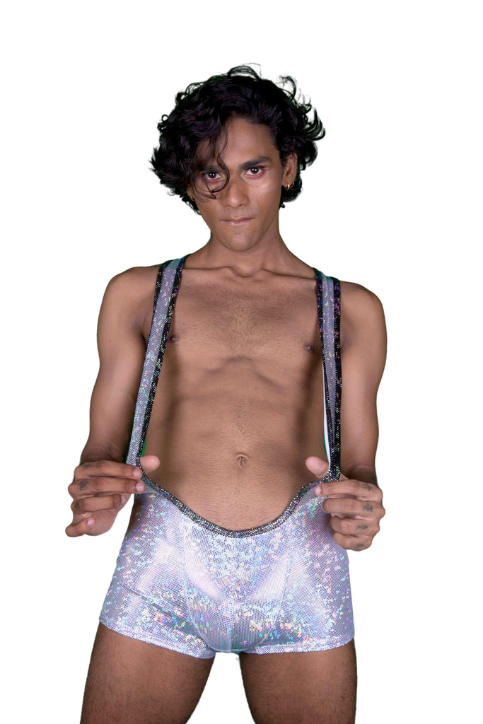 Holographic Mens Wrestling Suit | 13 Colors Mens Jumpsuits SEA DRAGON STUDIO XSMALL Disco Brawl (Silver) 