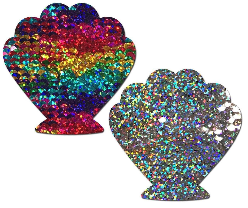 Rainbow And Silver Glitter Color Changing Sequin Seashell Nipple Pasties Pasties PASTEASE 